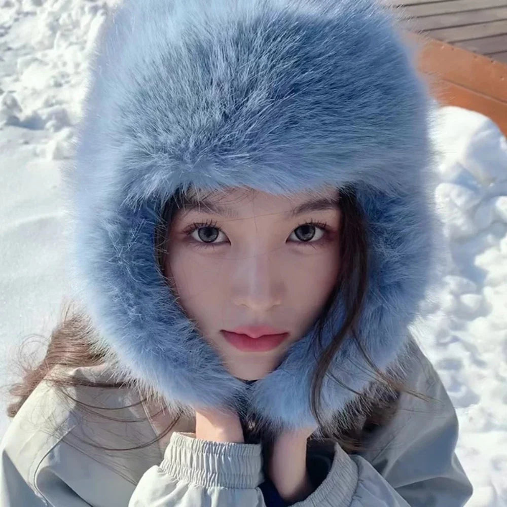 Fluffy Fur Hat Women White Black Blue Russian Hat Thick Warm Ski Earflap Cap Female Ushanka Winter Hat Ladies Russian Cap