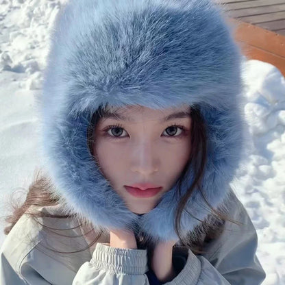 Fluffy Fur Hat Women White Black Blue Russian Hat Thick Warm Ski Earflap Cap Female Ushanka Winter Hat Ladies Russian Cap