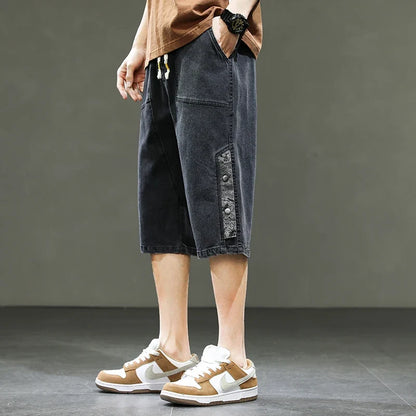 Korean Style Summer Men's Black Wide Leg Denim Shorts New Fashion Casual Baggy Short Jeans Male Plus Size 6XL 8XL YBR602