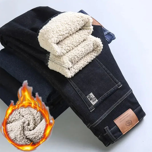 Winter Warm Fleece Jeans Men 2023 Straight Stretch Thick Casual Thermal Denim Pants Male Business Work Trousers New Men Clothing
