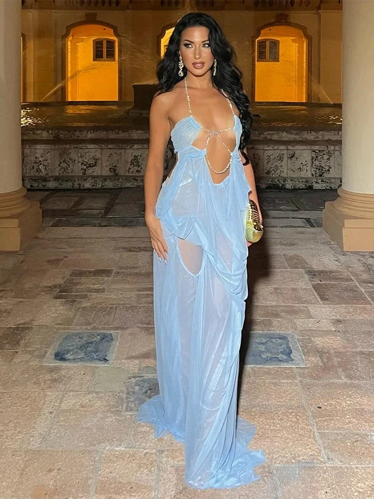 Prom Party Gown Dress Woman Sexy See Through Luxury Chain Halter Low-Neck Backless Sleeveless Midnight Elegant Vestidos