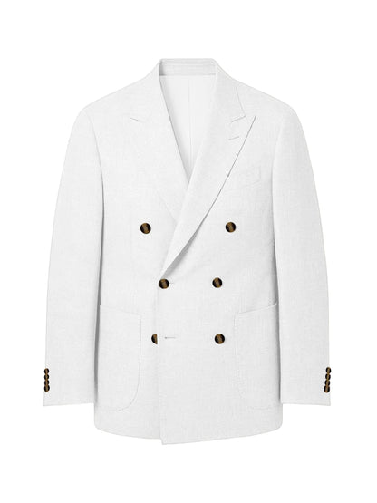 Men's Linen Double Breasted Blazer Peak Lapel Casual Business Suit Jacket With Patch Pockets For Daily Office Wear