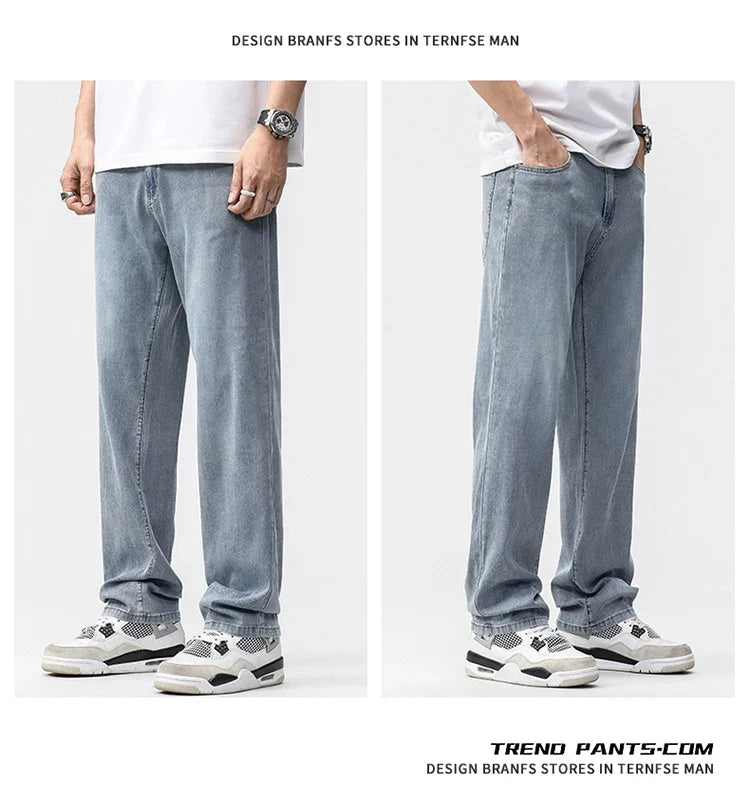 190cm Tall Man Jean Lyocell Wide Leg Denim Pant Male Extra Long Length 115cm 120cm Summer Big Clothes Light Stretch Straight Fit
