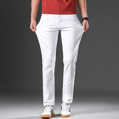 Cotton White Jeans Men's Elastic Soft Comfortable Business Casual Trousers Fashion Korean Fit Straight Spring Autumn Denim Pants