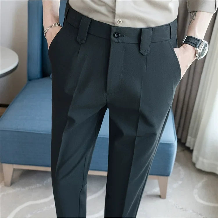 Elastic Waist Solid Color Suit Pants Men Formal Slim Fit Business Casual Trouser High Quality Social Wedding Fashion Dress Pant