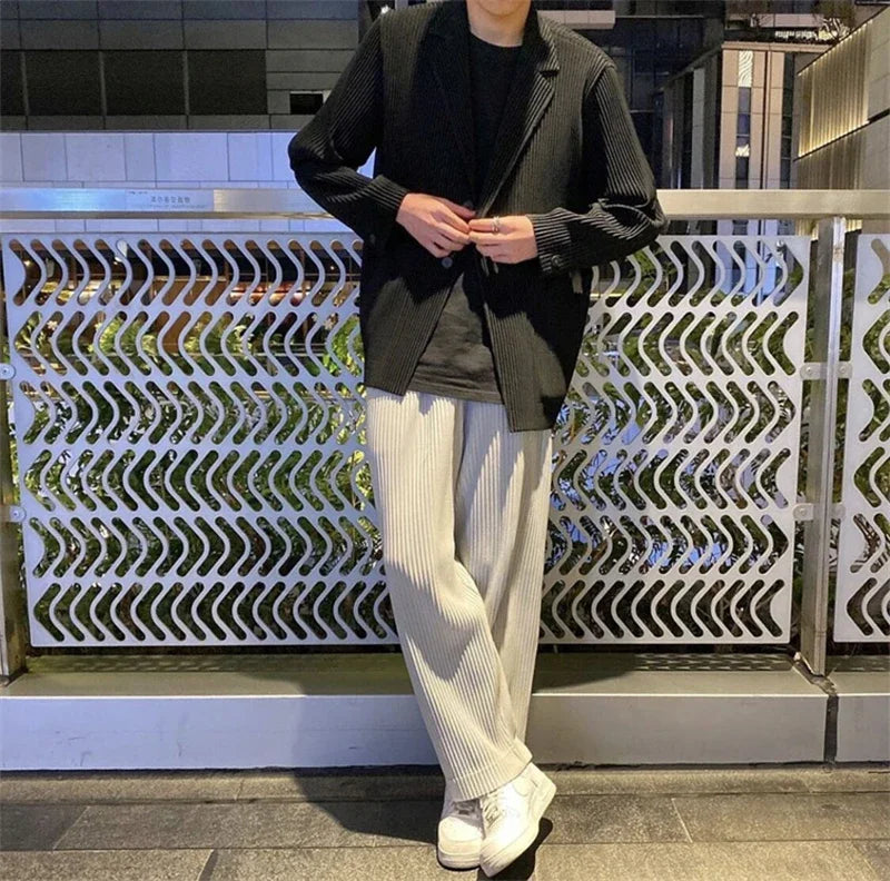 Miyake Pleated Men New Office Black Blazer Luxury High Fashion Suits Partially Lined Autumn Winter Coat