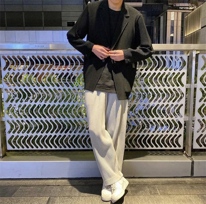 Miyake Pleated Men New Office Black Blazer Luxury High Fashion Suits Partially Lined Autumn Winter Coat