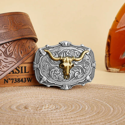 Western Cowboy PU Leather Belt - Men Waist Strap Bull Decoration Floral Engraved for Jeans