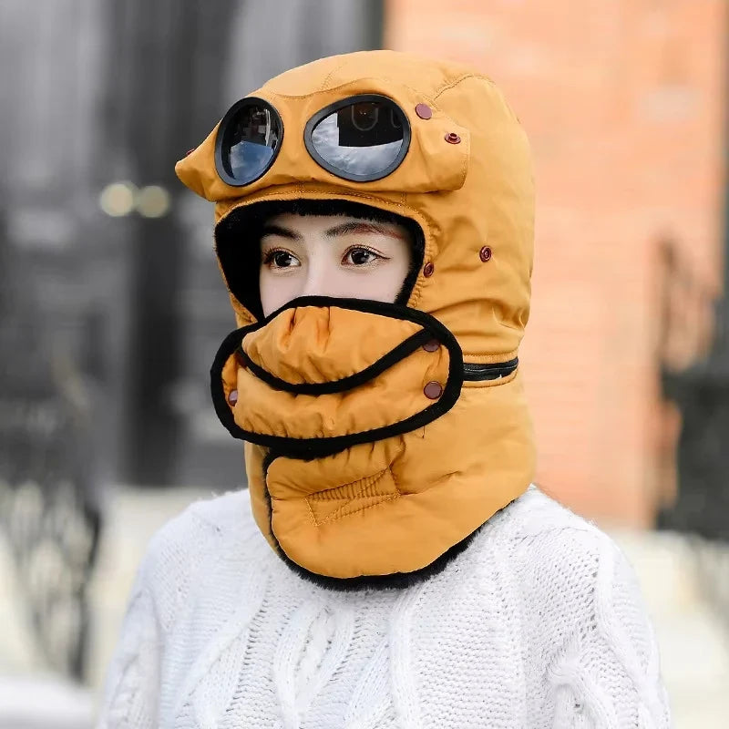 2026 Winter Bomber Hat Adult Kids Windproof Hood Pilot Hats with Mask Glasses Warm Earflap Cap Russian Ushanka Caps Balaclava