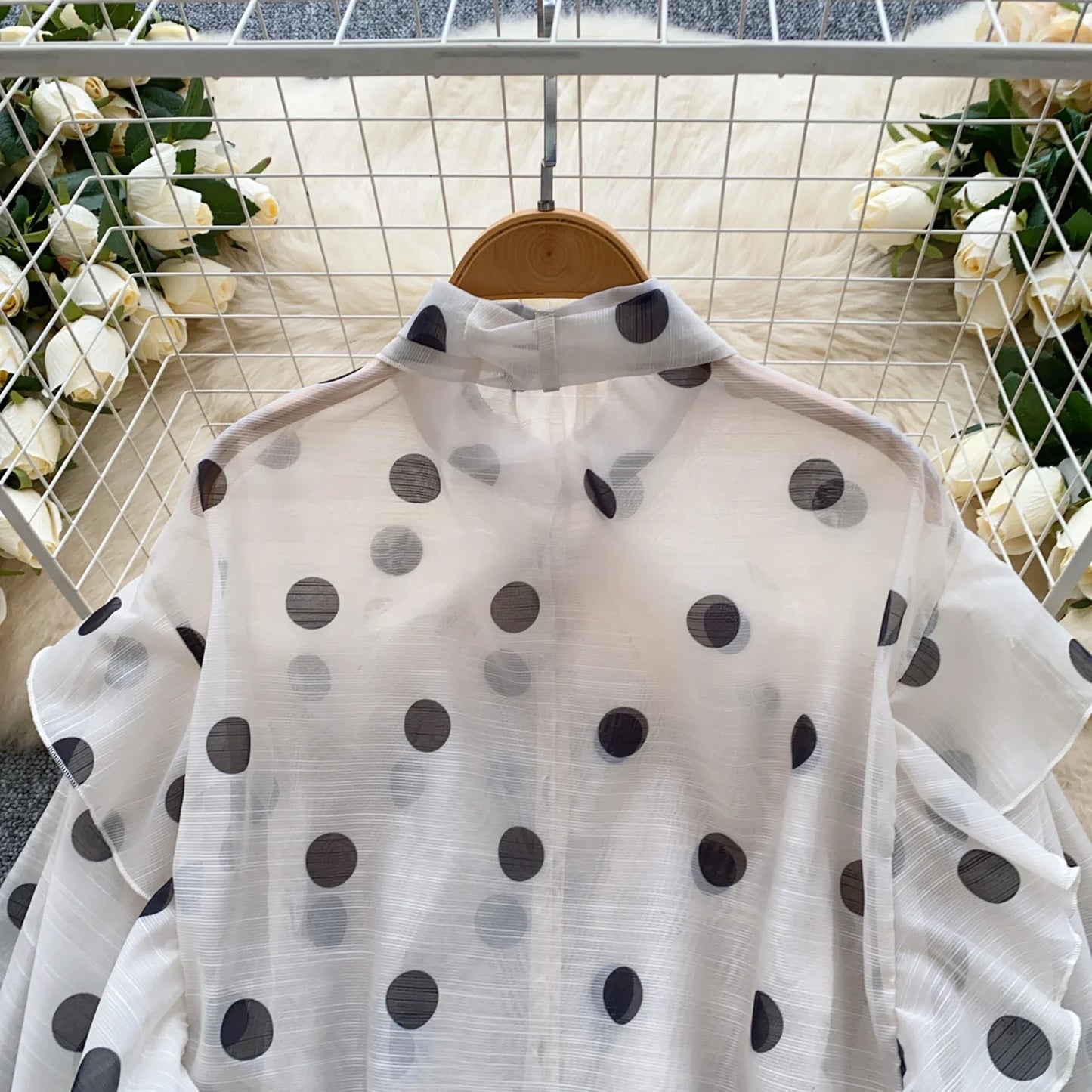 Spring Chiffon Polka Dot Blouse Women Bow Collar Long Lantren Sleeve Fashion Casual Streetwear Basics Loose Thin Tops