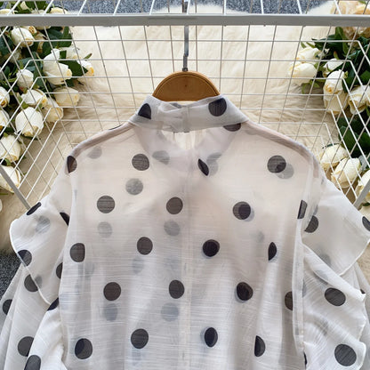 Spring Chiffon Polka Dot Blouse Women Bow Collar Long Lantren Sleeve Fashion Casual Streetwear Basics Loose Thin Tops