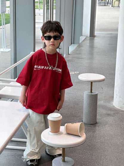 Red Cotton T-Shirt for Tween Boys Girls Loose Fitting Trendy Unisex Summer Top with Embroidered Letters Youthful Casual Wear