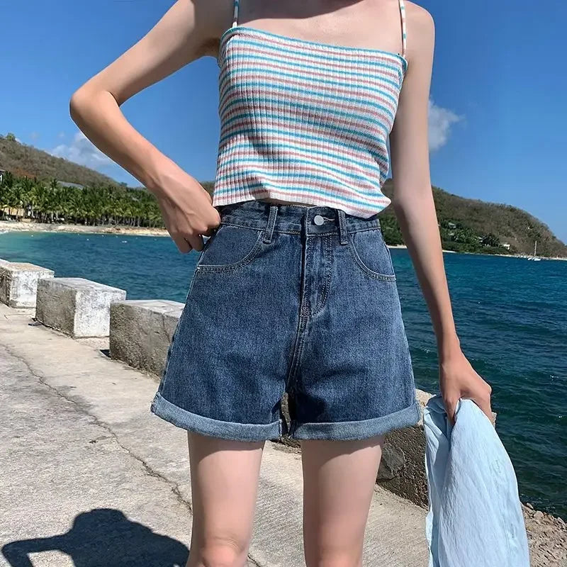 Summer Thin Style Korean Version High Waist Slimming Denim Shorts for Women Loose Line Outer Wear Rolled Edge Wide Leg Hot Pants