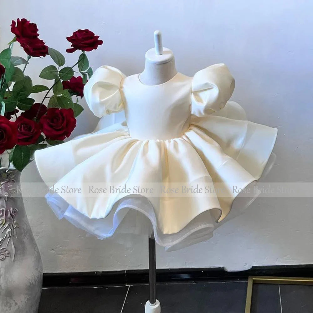 Flower Girl Dresses Beige Satin Short Puff Sleeves O Neck Kid's Birthday Cloth for Wedding Ball Gown Baby Formal Party Gown Mini
