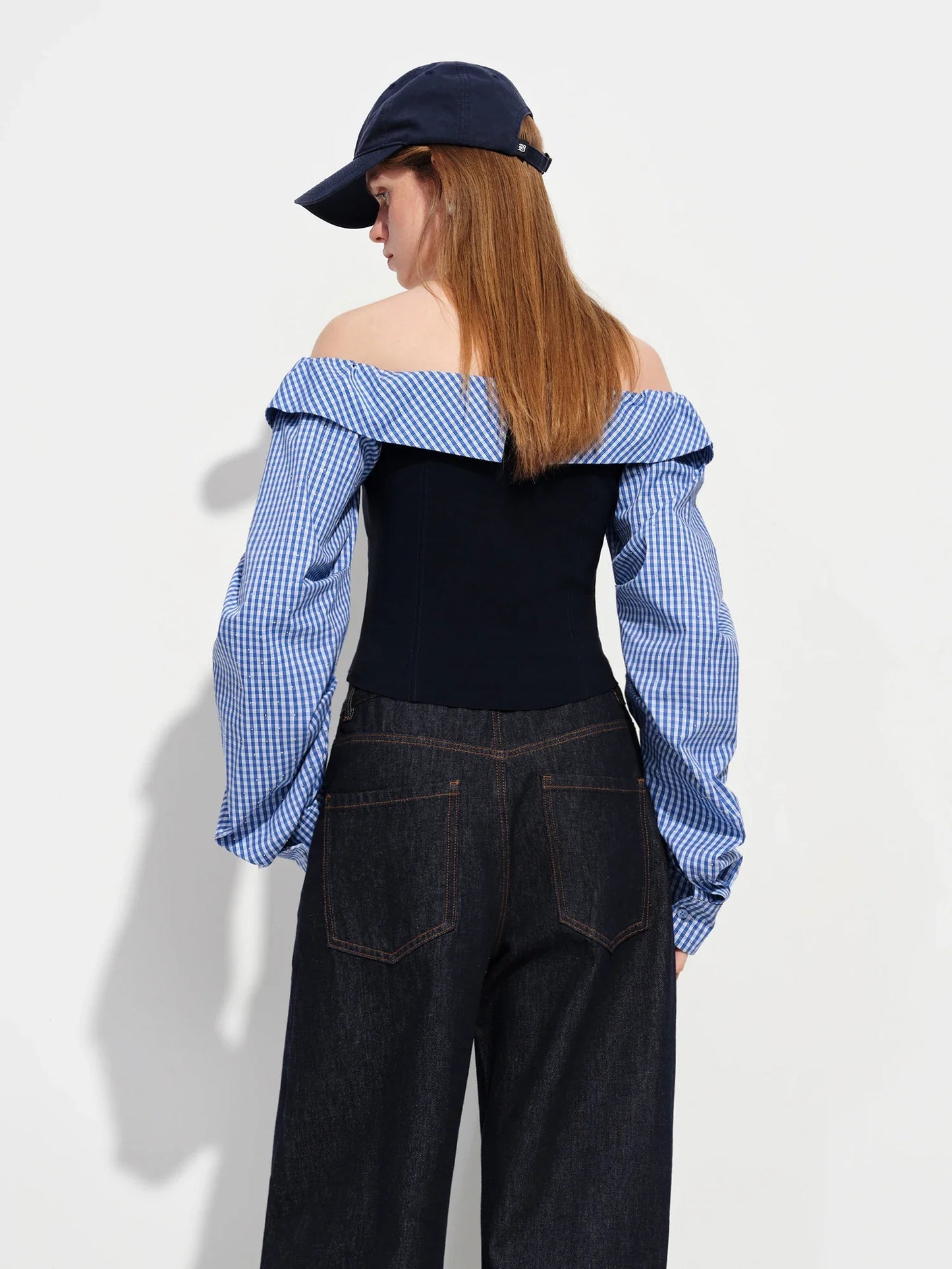 2026 Spring Women's Off-Shoulder Blue Gingham Blouse - Elegant Ruffled Lapel Long Sleeve Top for Office Commute