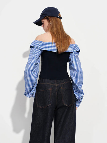 2026 Spring Women's Off-Shoulder Blue Gingham Blouse - Elegant Ruffled Lapel Long Sleeve Top for Office Commute