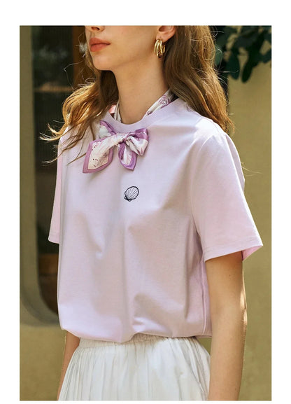 Women T-Shirt 2026 New Summer Neckline Hollow Tops French Style Silk Scarf with Embroidered Short-sleeved Tees O57XT96396