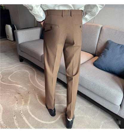 Autumn Winter Thick Suit Pants Men Elastic Waist Business Classic Straight Striped Formal Pants High Quality Slim Fit Trousers