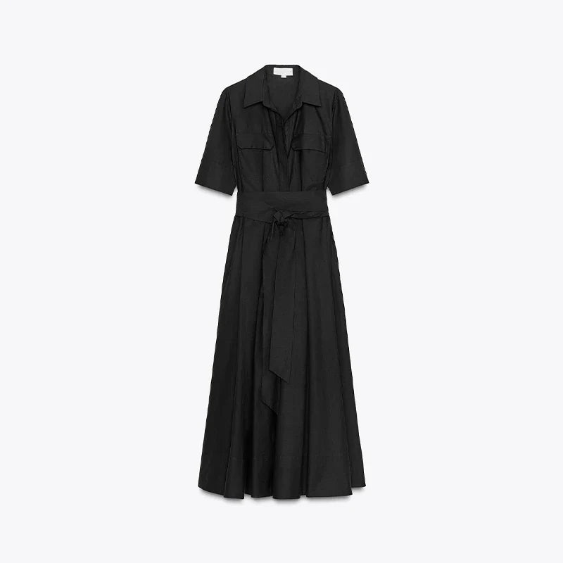 Elegant Belt Women Long Black Dress Full Sleeve Pleated Lapel Waist-Closed Female  A Line Dresses 2026 Spring Lady Robes New