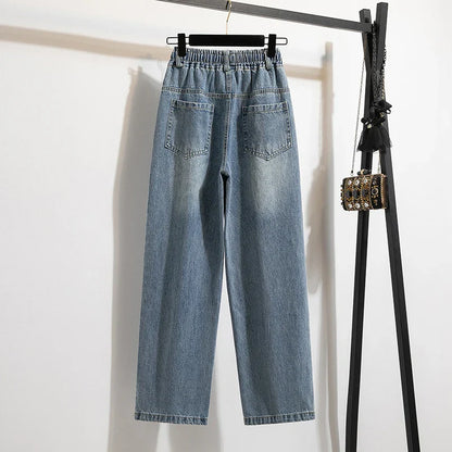 High Waist Wide Leg Cotton Denim Dstring Loose Fit Women's Autumn 2024 Slimming Effect Pure Cotton Casual Trousers