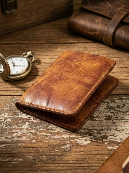 Ultra-Durable Men's Leather Short Wallet, Scratch-Resistant Hand-Rubbed Top Grain Leather Card Holder, Minimalist Travel Wallet
