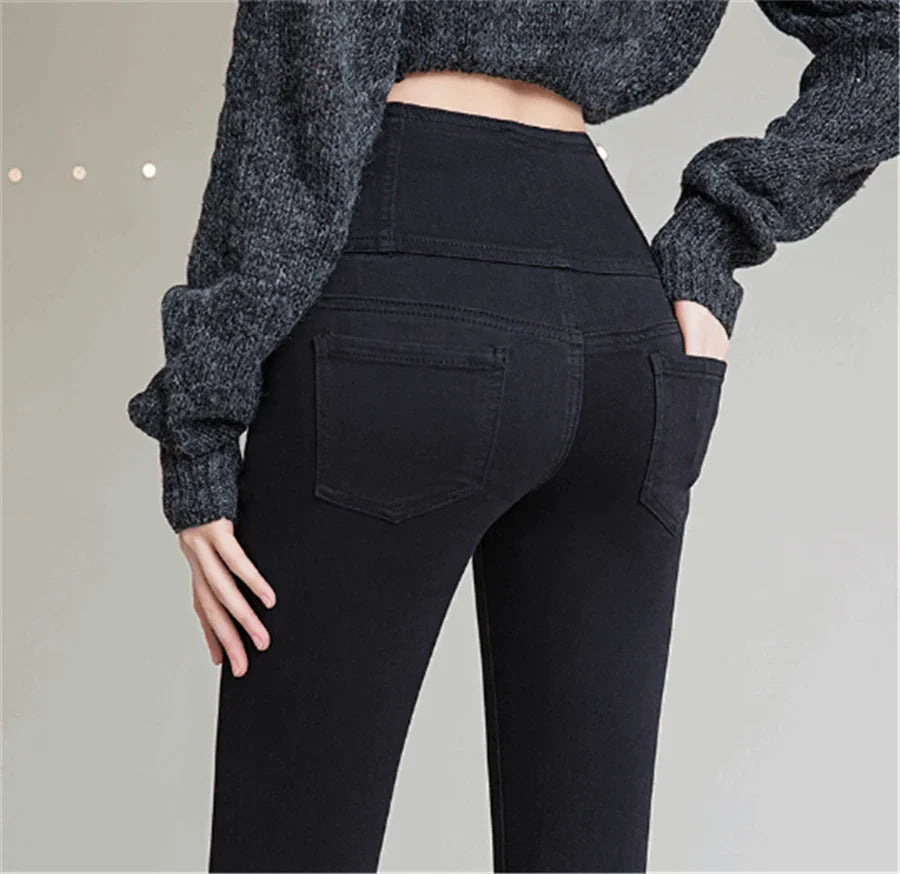Button Fly Jeans High Waist Front for Women Tummy Control Stretch Denim Black Petite XS - 4XL Dress Pants With Pocket