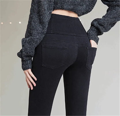 Button Fly Jeans High Waist Front for Women Tummy Control Stretch Denim Black Petite XS - 4XL Dress Pants With Pocket