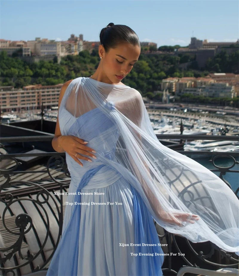 Elegant Blue Chiffon Evening Dresses Sweetheart Scarf A-Line Long Prom Dresses Pleated Sleeveless Prom Gowns 2025 Customiz