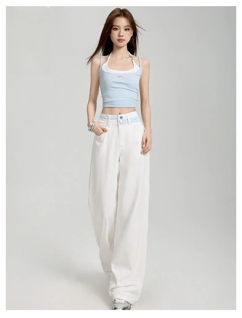Loose Casual Wide Leg Denim Pants Summer New Thin 100% Cotton Women's High Waist Y2K Contrast Stitching All Match Baggy Jeans