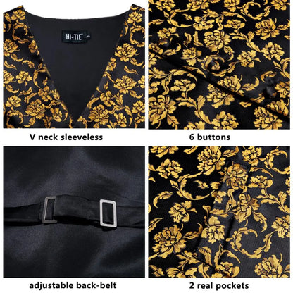 Luxury Mens Vests Black Gold Floral Jacquard Waistcoat Tie Hanky Cufflinks Brooch Set for Men Suit Wedding Office XL
