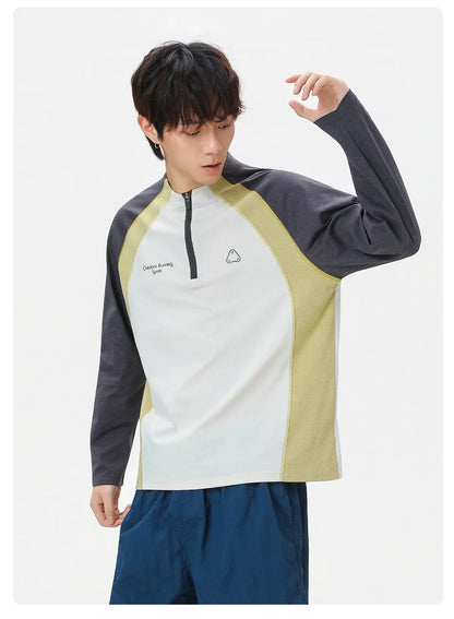 Men's Retro Colorblock Raglan Sleeve Long Sleeve T-Shirt – Loose Fit Half-Zip Athletic Top with Moisture-Wicking Fabric