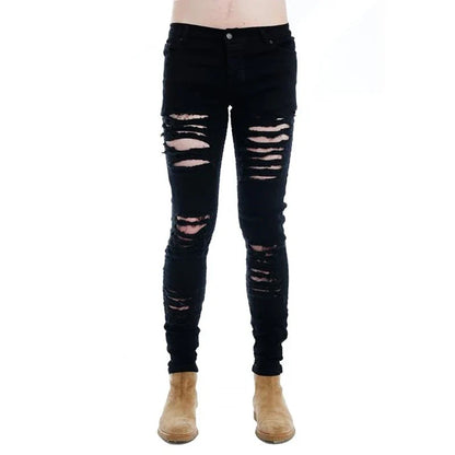 Black Men Jeans Narrow Feet High Street Punk Rock Micro Elastic Fabric Man Ripped Jean Cultivate Morality Hardcore Pants