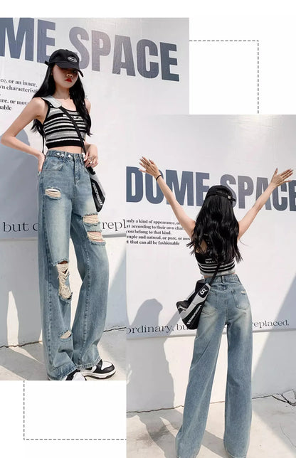 Trendy Ripped Straight Leg Jeans Women's Spring Summer High Waist Loose Wide Leg Pants Slimming Design Casual Denim Jeans