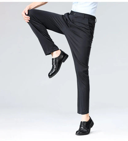 High-stretch fabric men's business trousers suitable for all seasons, featuring an elastic waistband and classic office/work for