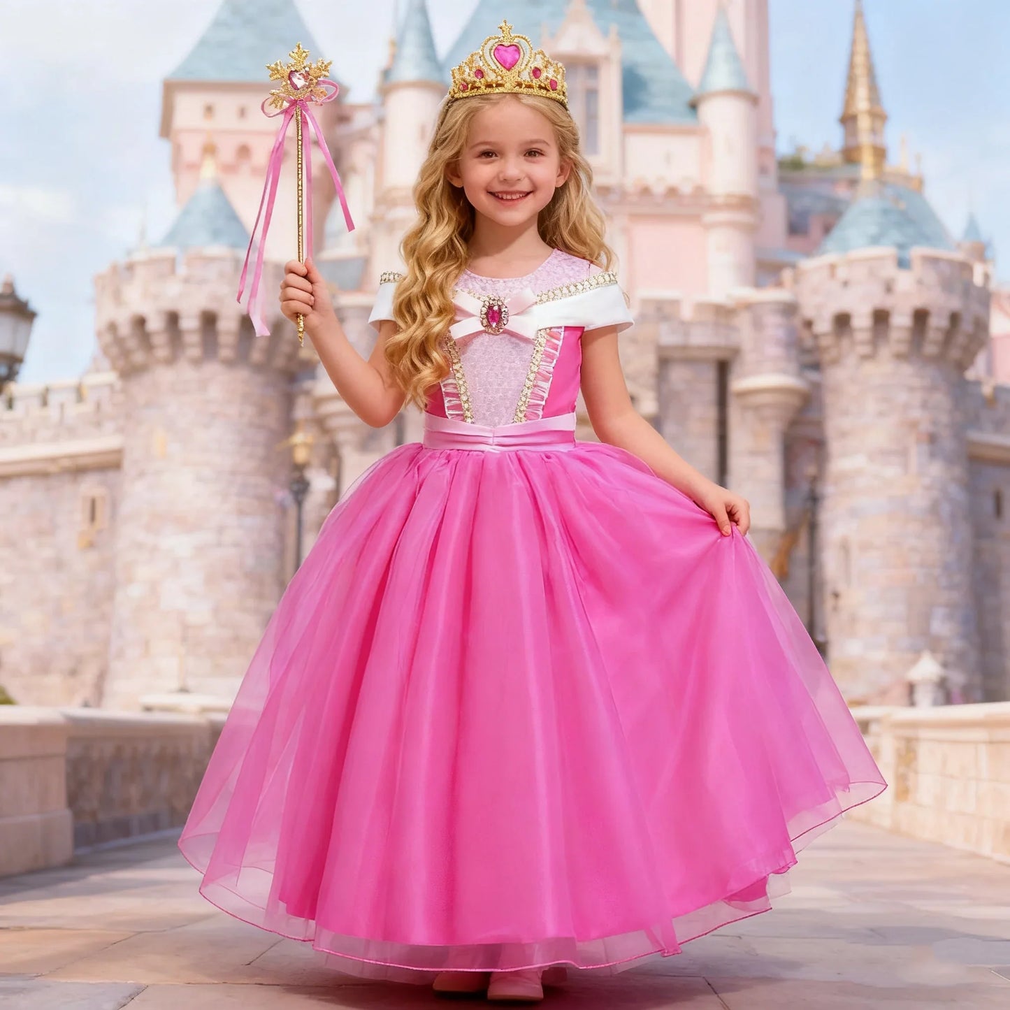 Girl Pink Dress Aurora Kids Cosplay Costume Princess Deluxe Outfit Children Birthday Party Elegant Ball Gown Fairy Disguise Sets