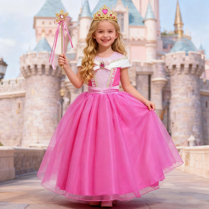 Girl Pink Dress Aurora Kids Cosplay Costume Princess Deluxe Outfit Children Birthday Party Elegant Ball Gown Fairy Disguise Sets