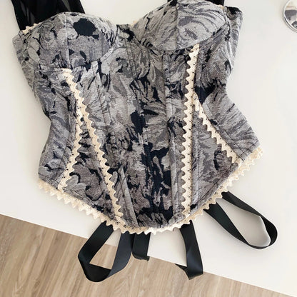American Retro Print Evening Camisole Female Strap Lace Spliced Slim Top 2025 Streetwear Floral Vintage Beach Tank Top