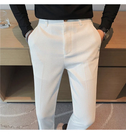 2024 Autumn New Waffle Stretch Waist Business Formal Pants Men Fashion Wedding Slim Trouser Mens Brand Social Party Suit Pants