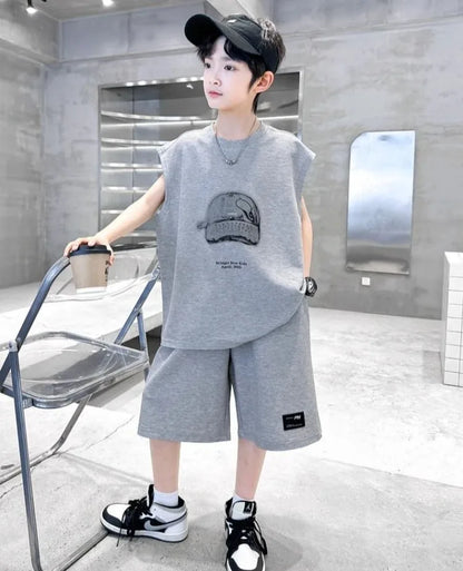 Boys' 2025 Summer New Arrival Sleeveless Two-Piece Vest & Sports Set for Big & Tall Kids