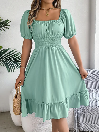 Spring Summer Elegant High Waisted Dress Square Neck Short Sleeved Ruffled Edge Long Dresses 2026 Valentine's Day Woman Clothing