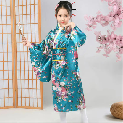 Kids Japanese Kimono Bathrobe Gown Japan Style Flower Yukata Dress Vintage Haori For Girl Halloween Cosplay Traditional Costume