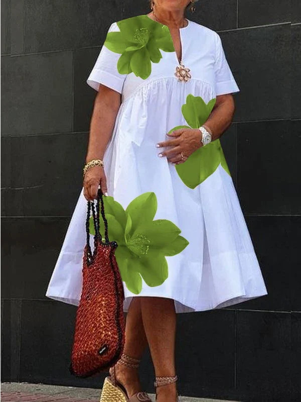 Modigirl Women's Summer New Dress 2025 V-Neck Pleated Short Sleeves White Loose Flower Print Casual Midi Dresses for Woman