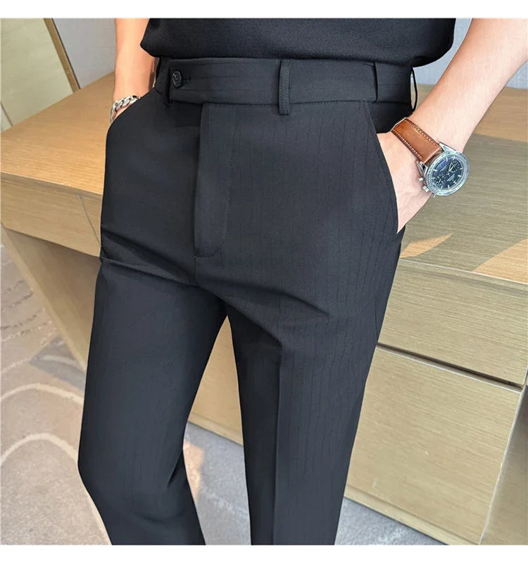 Spring Autumn New Elastic Waist Casual Trousers Male High Waist Dark Striped Slim Fit Pants Men Business Formal Casual Suit Pant