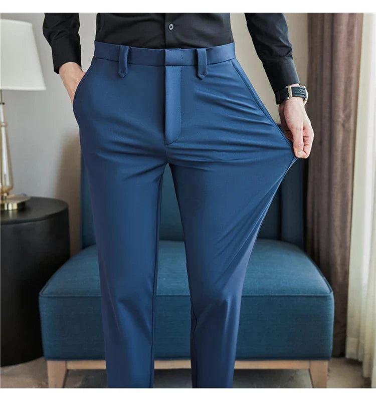 Mens Dress Pants Trousers 2025 Summer New Thin Breathable Solid Casual High Elastic Slim Fit Suit Pants Streetwear Men Clothing