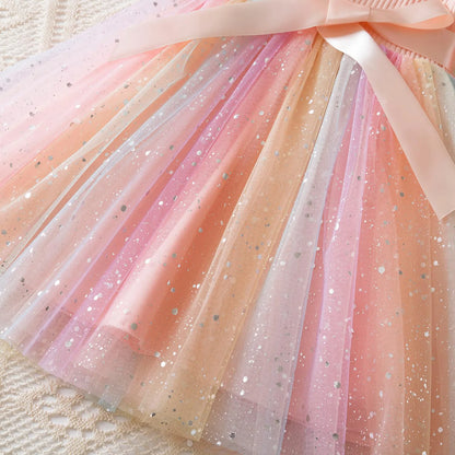 New Girls Dress for Sequins Birthday 1-5Y Toddler Girls Rainbow Tulle Dress Sweet Kids Princess Dress for Girls 2025 Summer Wear