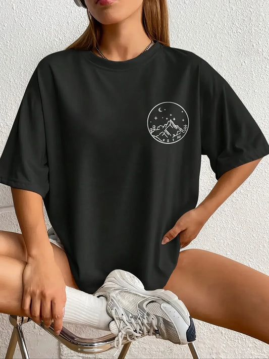 Moon & Mountain Print Crew Neck T-Shirt Print Women's Harajuku Short Sleeve Casual Women's T-shirt Clothing Street Aesthetic