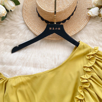 American Chic Blouse for Women Flounced Edge Skew Collar Bare Midriff Belt Skinny Shirts Summer Casual Female Tops Dropshipping