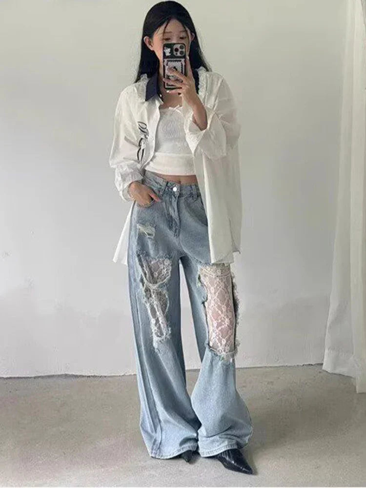 2026 Women's Y2K American Style High Waist Lace Spliced Denim Pants Loose Wide Leg Trousers Fashion Hottie Hole Patchwork Jeans