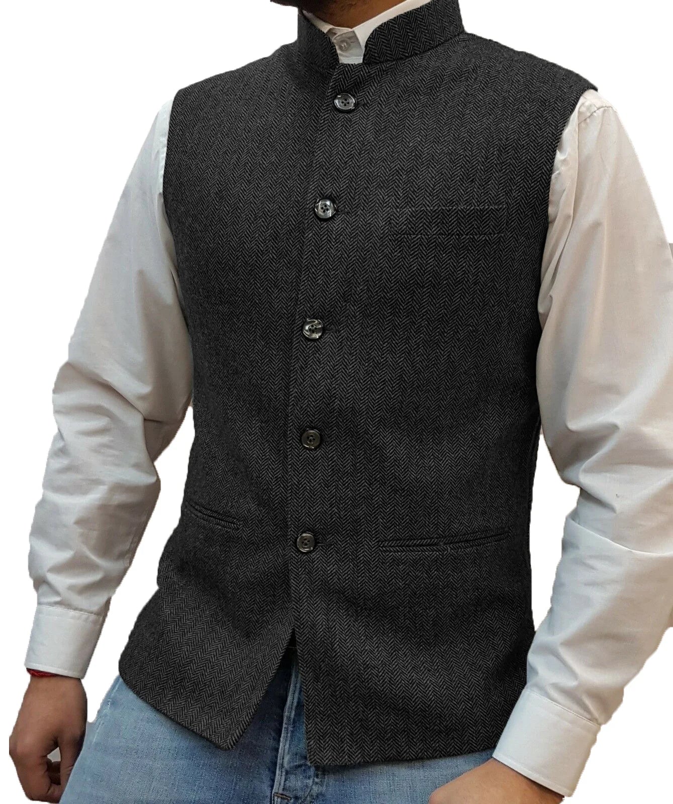 Suit Vest Men Vintage Slim Solid Stand Collar Vest Tops Male Business Casual Sleeveless Jackets Man Wedding Waistcoat