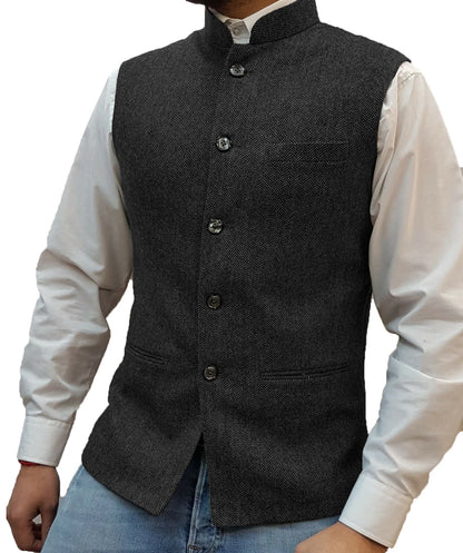 Suit Vest Men Vintage Slim Solid Stand Collar Vest Tops Male Business Casual Sleeveless Jackets Man Wedding Waistcoat